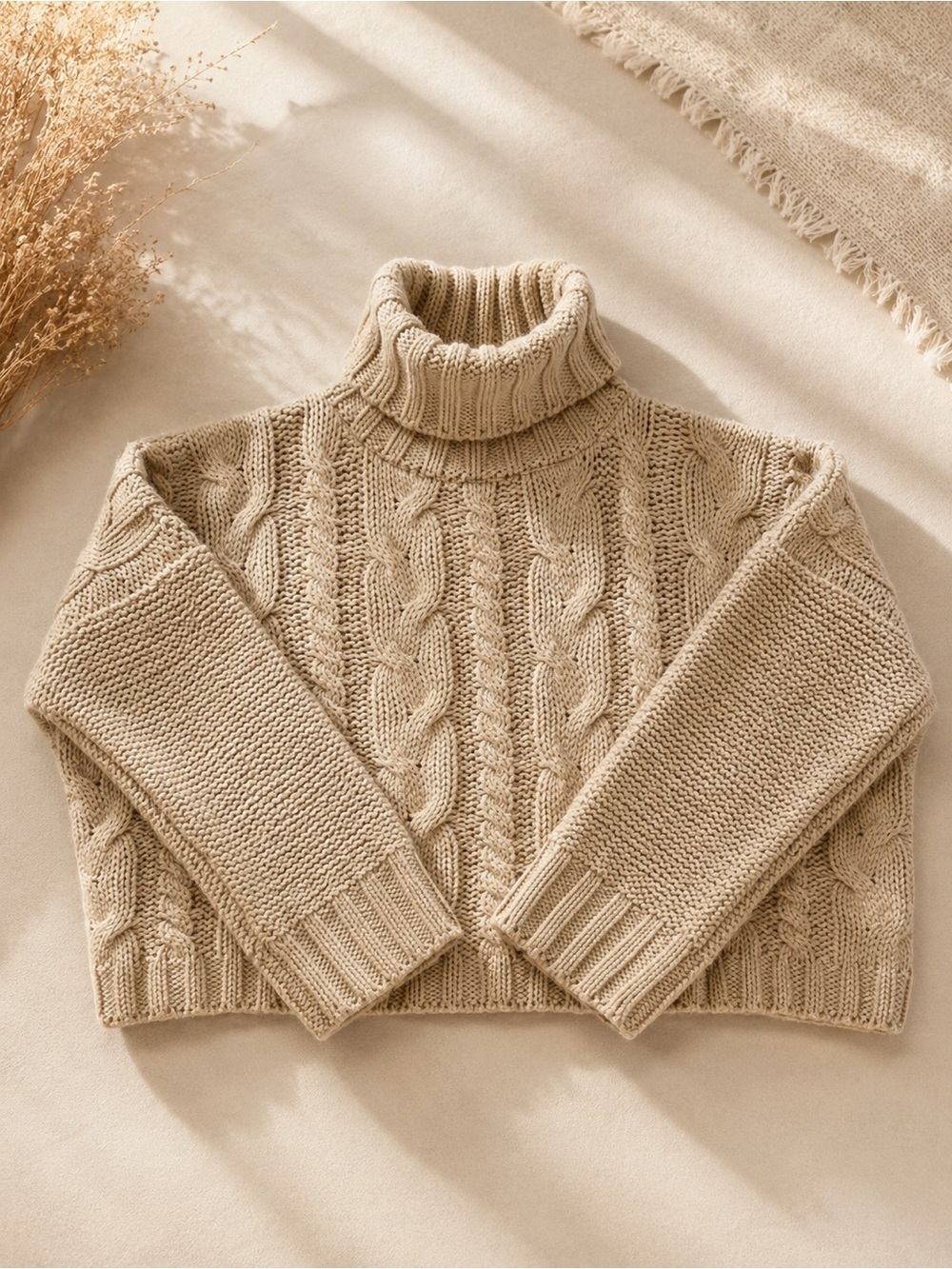Love Tree Cable Knit Turtleneck Sweater Beige Chunky Cozy Oversized Small